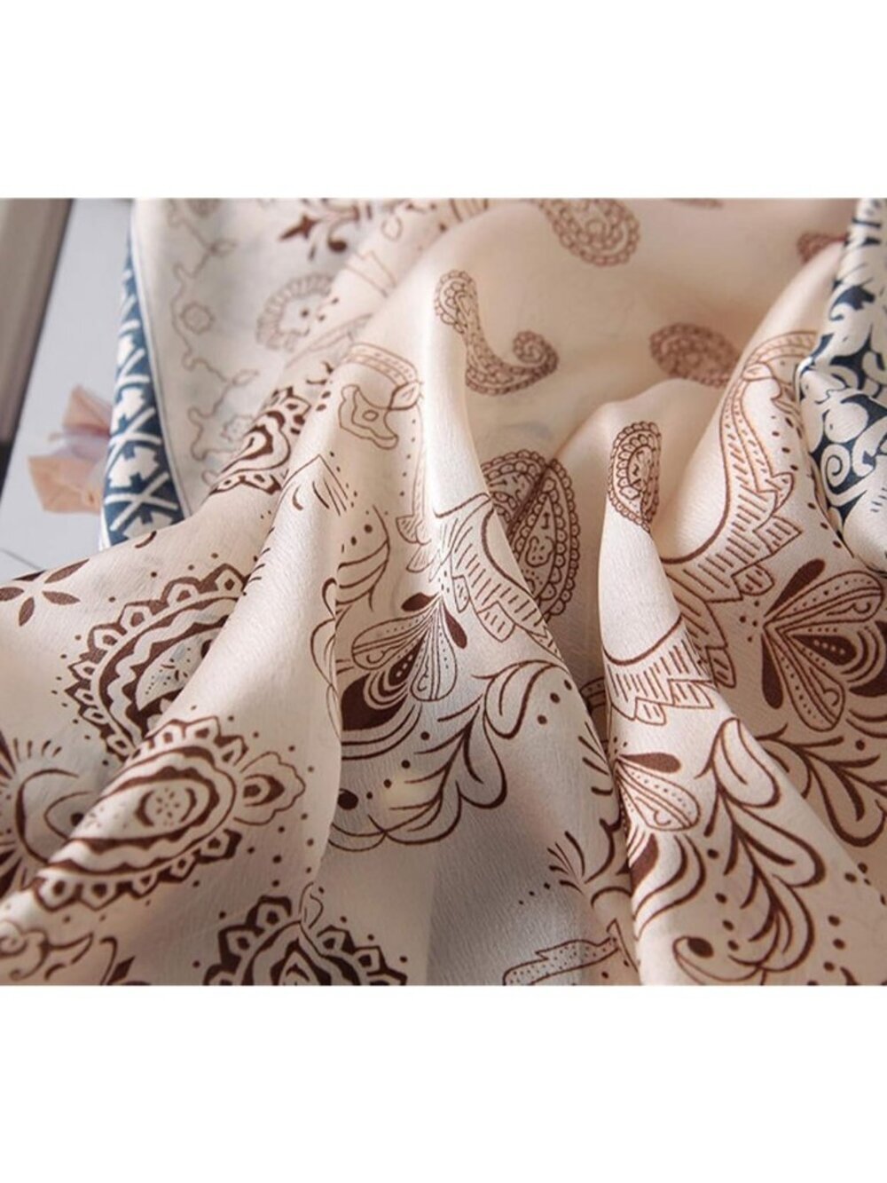 Women's Light Brown Lightweight Silk Scarves Flower Print Head Cotton Wrap Scarf - Picture 2 of 5